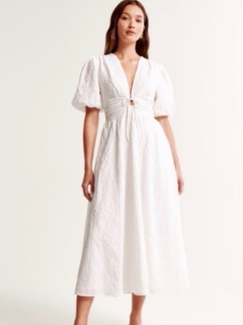 Abercrombie & Fitch front tie Ivory Textured Puff-Sleeve Maxi Dress